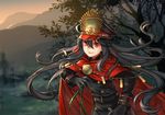  alle_gro belt black_hat cape fate/grand_order fate_(series) floating_hair gloves grey_gloves grey_hair hair_between_eyes hat long_hair military military_hat military_uniform oda_nobunaga_(fate) outdoors red_cape red_eyes smile solo tree uniform very_long_hair 