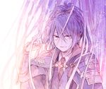  armor cape fudou_yukimitsu japanese_armor kiwame_(touken_ranbu) male_focus necktie noeru_(putty) ponytail purple purple_eyes purple_hair shoulder_armor smile sode touken_ranbu 