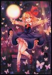  ascot black_border black_dress blonde_hair border bug butterfly commentary_request dress frills insect long_sleeves looking_at_viewer mary_janes moon mosho night open_mouth outstretched_arms red_eyes red_neckwear red_ribbon ribbon rumia shoes short_hair socks solo touhou white_legwear wide_sleeves 