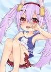  animal_ears armpits azur_lane bangs bare_arms bare_legs bed_sheet bunny_ears camisole camisole_lift collarbone eyebrows_visible_through_hair hair_between_eyes hairband headgear laffey_(azur_lane) long_hair looking_at_viewer lying on_back open_mouth pleated_skirt purple_hair red_eyes red_hairband red_skirt reo_(re2kn) saliva sidelocks skirt solo tears twintails very_long_hair 