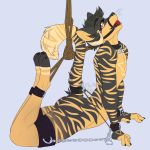  2018 4_toes 5_fingers absurd_res all_fours anthro ball_gag bdsm blvejay bondage bound butt chain claws collar cuffs_(disambiguation) detailed digital_media_(artwork) felid gag hair hi_res horn male mammal nude pantherine rope short_hair solo tiger toes 