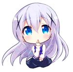  :o bangs black_skirt blue_eyes blue_neckwear blue_vest blush bow bowtie chibi collared_shirt commentary_request eyebrows_visible_through_hair full_body gochuumon_wa_usagi_desu_ka? hair_between_eyes hair_ornament hairclip hand_to_own_mouth kafuu_chino lavender_hair long_hair long_sleeves looking_at_viewer massala open_mouth rabbit_house_uniform shirt sidelocks simple_background skirt solo vest white_background white_shirt wing_collar x_hair_ornament 