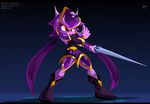  aquatic_dragon armor boots cape clothing costume dragon footwear freedom_planet freedom_planet_2 hair headgear horn long_hair melee_weapon merga pedrovin purple_body purple_hair red_eyes sash_lilac simple_background skinsuit sword tight_clothing video_games weapon 