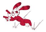 2017 action_pose anthro barefoot clothed clothing disney dual_wielding ear_markings facial_markings fuel_(artist) gun handgun holding_object holding_weapon jack_savage lagomorph looking_at_viewer male mammal markings midair monochrome pistol rabbit ranged_weapon red_and_white simple_background solo weapon white_background zootopia 