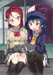  animal animal_on_lap anko_(love_live!_sunshine!!) bag bangs black_legwear blue_hair blush bow bowtie breasts bus_stop dog double-breasted hair_ornament hairclip highres hood hooded_jacket jacket kneehighs large_breasts long_sleeves love_live! love_live!_sunshine!! multiple_girls open_mouth petting pleated_skirt purple_eyes purple_jacket red_hair red_neckwear sakurauchi_riko school_bag school_uniform serafuku sitting skirt smile tem10 thighhighs tsushima_yoshiko uranohoshi_school_uniform vending_machine yellow_eyes yellow_neckwear 