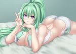  1girl ass bed blush breast_press breasts butt_crack choujigen_game_neptune cleavage compile_heart green_hair green_heart huge_ass huge_breasts idea_factory jyu_ichi long_hair looking_at_viewer lying neptune_(series) on_stomach ponytail power_symbol purple_eyes shiny shiny_skin smile solo v vert very_long_hair 