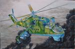  absurdres acrylic_paint_(medium) aircraft airplane calligraphy_brush_(medium) cannon cloud flying hayashi_toshihiro helicopter helmet highres looking_at_viewer mi-24 military multiple_boys outdoors photo smoke traditional_media 