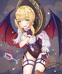  artist_name bangs blonde_hair blouse blunt_bangs blush braid breasts cleavage commentary cowboy_shot crown_braid cup demon_wings drinking_glass eyebrows_visible_through_hair fangs girls_frontline gloves gold_trim hair_over_shoulder half_gloves halloween_costume holster long_hair looking_at_viewer medium_breasts open_mouth purple_gloves shorts sidelocks signature solo spill spilling symbol_commentary thigh_holster thigh_strap thighs twitter_username unel v-shaped_eyebrows wavy_mouth welrod_mk2_(girls_frontline) white_blouse wine_glass wings 
