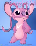  2009 alien angel_(lilo_and_stitch) antennae blue_background chest_markings claws comic_sans digital_drawing_(artwork) digital_media_(artwork) disney experiment_(species) eyelashes fluffy fur hands_on_hips hi_res leossquirrels lilo_and_stitch looking_away markings pink_claws pink_fur purple_eyes purple_nose simple_background solo standing 