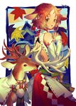  animal animal_ears antlers back backless_outfit bare_shoulders brown_hair clothed_animal green_eyes long_sleeves looking_at_viewer looking_back monster_girl original parted_lips pleated_skirt red_skirt reindeer reindeer_antlers reindeer_ears skirt standing wings yamakawa 
