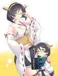  adjusting_eyewear akaneyu_akiiro black_hair black_hakama blue_eyes book breasts child detached_sleeves dual_persona glasses gradient gradient_background hakama hakama_skirt headband holding holding_book holding_envelope japanese_clothes kantai_collection kirishima_(kantai_collection) large_breasts looking_at_viewer mother_and_daughter multiple_girls nontraditional_miko revision ribbon-trimmed_sleeves ribbon_trim short_hair smile thighhighs translated white_background wide_sleeves yellow_background yellow_eyes younger 