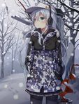  auger bad_id bad_pixiv_id bangs bare_tree black_legwear blue_eyes bucket camouflage camouflage_jacket commentary cowboy_shot earmuffs flat_cap fur_trim hair_between_eyes hands_in_pockets hat hibiki_(kantai_collection) highres holding huwali_(dnwls3010) kantai_collection long_hair looking_to_the_side miniskirt outdoors pantyhose pleated_skirt rigging silver_hair skirt snow solo standing tree verniy_(kantai_collection) 