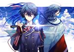  ahoge bangs blue_eyes blue_hair blue_sky bracer closed_mouth cloud cloudy_sky dagger day hair_between_eyes holding holding_dagger holding_weapon horikawa_kunihiro izumi-no-kami_kanesada jacket japanese_clothes long_hair long_sleeves looking_at_viewer multiple_boys neck_ribbon red_ribbon reverse_grip ribbon sky standing tantou touken_ranbu upper_body very_long_hair weapon yamakawa 