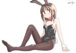  animal_ears artist_name black_leotard bow bowtie breasts brown_eyes brown_hair brown_legwear bunny_ears bunny_tail bunnysuit cleavage commentary_request detached_collar fishnet_pantyhose fishnets leotard looking_at_viewer medium_breasts medium_hair no_shoes okano_kei pantyhose red_neckwear simple_background solo strapless strapless_leotard sweatdrop tail umiroku v-shaped_eyebrows white_background wrist_cuffs yuyushiki 