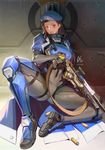  ana_(overwatch) beret brown_eyes brown_hair captain_amari dark_skin elbow_gloves eyepatch facial_mark facial_tattoo gloves gun hat hood long_hair looking_at_viewer military_hat open_mouth overwatch rifle sitting sniper_rifle solo spread_legs taesi tattoo textless weapon younger 