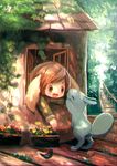  animal_ears bridge brown_eyes brown_hair creature day dot_nose flower forest ivy long_sleeves manino_(mofuritaionaka) nature original outdoors plant potted_plant short_hair window 