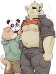  anthro bear blush canine clothed clothing clothing_lift erection erection_under_clothes group male male/male mammal meg_hoi musclegut nipple_play nipples panda tailwag 