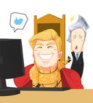  ^_^ armor blonde_hair cape character_request closed_eyes commentary computer cosplay donald_trump emperor_of_mankind emperor_of_mankind_(cosplay) formal grey_hair grin multiple_boys ok_sign real_life sima_naoteng smile suit twitter twitter_logo warhammer_40k 
