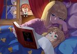  2girls ahoge artoria_pendragon_(all) bedivere blonde_hair book character_doll character_request child closed_mouth curtains dark_souls eyebrows_visible_through_hair fate/apocrypha fate/grand_order fate/stay_night fate_(series) fujimaru_ritsuka_(female) green_eyes holding holding_book indoors long_hair looking_at_another merlin_(fate) mordred_(fate) mordred_(fate)_(all) mother_and_daughter multiple_boys multiple_girls nanaya_(daaijianglin) night open_book peeking_out pillow red_eyes riyo_(lyomsnpmp)_(style) saber signature silver_hair sleeping smile souls_(from_software) title_parody under_covers younger 