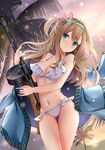  :&lt; bangs bikini blonde_hair blue_eyes blush breasts brown_hair cleavage closed_mouth collarbone commentary_request contrapposto cowboy_shot eyebrows_visible_through_hair frilled_bikini frills girls_frontline gun hips jacket jacket_on_shoulders long_hair looking_at_viewer medium_breasts navel open_clothes open_jacket outdoors palm_tree solo standing submachine_gun suomi_kp/-31 suomi_kp31_(girls_frontline) swimsuit thigh_gap thighs tree two_side_up weapon white_bikini ying_yue 