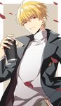  bangs black_jacket blonde_hair cup earrings eyebrows_visible_through_hair fate/grand_order fate/stay_night fate_(series) gilgamesh hand_in_pocket highres holding jacket jewelry long_sleeves looking_at_viewer male_focus natsuko_(bluecandy) open_clothes open_jacket parted_lips petals pink_background red_eyes shirt smile solo standing upper_body white_shirt 