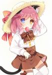  animal_ears bangs blue_eyes blush bow bowtie brown_bow brown_neckwear brown_skirt candy cat_ears cat_girl cat_tail collared_shirt eyebrows_visible_through_hair food food_in_mouth hand_on_headwear hat hat_bow heterochromia lollipop long_sleeves looking_at_viewer mouth_hold pink_hair pleated_skirt red_bow shirt simple_background skirt solo standing standing_on_one_leg straw_hat striped striped_bow tail tengxiang_lingnai thighhighs tirpitz_(zhan_jian_shao_nyu) white_legwear white_shirt wings yellow_eyes zhan_jian_shao_nyu 