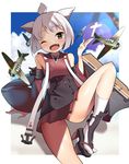  ;d aircraft airplane animal_ears arm_behind_back azur_lane bare_shoulders blue_sky blurry blush cat_ears day depth_of_field detached_sleeves dot_nose eyebrows eyebrows_visible_through_hair eyelashes fang flat_chest flight_deck geta grey_eyes haori japanese_clothes kurogoma_(haruhi3) legs_apart lens_flare long_sleeves looking_at_viewer miniskirt one_eye_closed one_side_up open_mouth outdoors palm_tree pleated_skirt red_ribbon red_skirt ribbon shikigami shiny shiny_skin short_hair shouhou_(azur_lane) sitting skirt sky smile socks solo tongue tree tsurime turret white_hair white_legwear wide_sleeves 