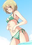  bikini blue_sky blush breasts brown_eyes brown_hair closed_mouth contrapposto cowboy_shot day dutch_angle eyebrows_visible_through_hair green_bikini hand_on_own_stomach ichii_yui low_twintails medium_breasts mel_(melty_pot) navel outdoors side-tie_bikini sky solo standing striped striped_bikini sweatdrop swimsuit twintails wading yuyushiki 