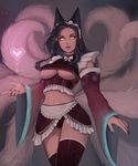  absurdres ahri alternate_costume animal_ears apron black_hair breasts commentary cowboy_shot crop_top detached_sleeves enmaided fox_ears fox_tail green_nails grey_background hair_ribbon heart highres large_breasts league_of_legends long_hair looking_at_viewer magic maid maid_headdress matilda_vin midriff multiple_tails nail_polish navel orange_pupils panties parted_lips patreon_logo patreon_username red_legwear red_panties red_ribbon ribbon short_sleeves slit_pupils smile solo standing tail thighhighs underboob underwear waist_apron wide_sleeves yellow_eyes 