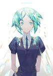  androgynous arms_behind_back black_neckwear black_shirt black_shorts collared_shirt crystal_hair gem_uniform_(houseki_no_kuni) green_eyes green_hair houseki_no_kuni necktie phosphophyllite puffy_short_sleeves puffy_sleeves shirt short_hair short_sleeves shorts smile solo standing upper_body white_shirt wing_collar yamakawa 