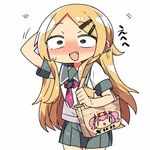  bag blonde_hair blush commentary constricted_pupils cosplay dagashi_kashi ear_piercing endou_saya fang hair_ornament hairclip handbag kanikama kousaka_kirino kousaka_kirino_(cosplay) long_hair lowres meruru_(oreimo) open_mouth ore_no_imouto_ga_konna_ni_kawaii_wake_ga_nai piercing school_uniform serafuku translated 