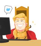  ^_^ armor blonde_hair cape closed_eyes commentary computer cosplay donald_trump emperor_of_mankind emperor_of_mankind_(cosplay) grin ok_sign real_life sima_naoteng smile twitter twitter_logo warhammer_40k 