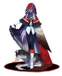  big_bad_wolf_(grimm) boots capelet closed_eyes closed_mouth facing_viewer hood hood_up little_red_riding_hood little_red_riding_hood_(grimm) long_hair original pants purple_hair red_capelet signature simple_background smile solo standing tassel very_long_hair white_background white_footwear wolf yamakawa 