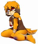  amputee anthro berseepon09 blonde_hair blood blood_on_bandage brown_fur bruised canine clothing dog eye_patch eyewear fur hair male mammal nosebleed off_shoulder orange_fur purple_eyes shirt simple_background solo white_background wounded young 