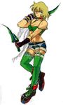  annie_(saga_frontier) bad_id bad_pixiv_id blonde_hair bow breasts cleavage full_body gloves green_eyes hair_bow looking_at_viewer saga saga_frontier short_hair shorts smile solo thighhighs 