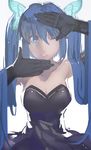 bangs bare_shoulders black_dress black_gloves blue_eyes blue_hair breasts butterfly_hair_ornament cleavage dress finger_frame gloves gradient gradient_background grey_background hair_between_eyes hair_ornament hatsune_miku long_hair looking_at_viewer medium_breasts nanaya_(daaijianglin) one_eye_closed parted_lips signature smile solo twintails upper_body very_long_hair vocaloid 