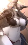  2019 anthro big_breasts blue_eyes breasts canine chest_tuft clothed clothing female fox fur grey_hair hair hand_on_hip hi_res kemono kouseki0024 looking_at_viewer mammal navel skimpy smile solo standing tuft underwear white_fur 