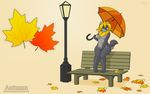  2017 anthro autumn bench blonde_hair blue_eyes breasts canine digital_media_(artwork) exhibitionism female fur grey_fur hair helsy lafille lamp leaves mammal nude outside park semi_public solo standing umbrella wallpaper wolf 