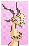  2017 antelope anthro border breasts crossed_arms disney dotted_background eyeshadow female fuel_(artist) gazelle gazelle_(zootopia) half-length_portrait horn looking_at_viewer makeup mammal nipples nude pattern_background portrait simple_background smile solo white_border zootopia 