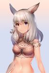  ahri_(ari_30305) animal_ears bare_shoulders blush breasts criss-cross_halter eyebrows_visible_through_hair final_fantasy final_fantasy_xiv frills gradient gradient_background hair_between_eyes halterneck heterochromia long_hair looking_at_viewer medium_breasts miqo'te mole mole_under_mouth navel purple_background purple_eyes red_eyes ribbon_trim shiny shiny_skin solo stomach tareme upper_body 