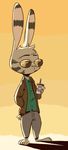  2017 anthro barefoot clothed clothing disney disposable_cup ear_markings eyewear facial_markings fuel_(artist) hand_in_pocket holding_cup holding_object jack_savage lagomorph male mammal markings open_jacket rabbit shadow solo standing straw sunglasses zootopia 