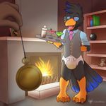  8_ball alcohol anthro avian beverage bird black_feathers clothing cobaltfoxie_(artist) cocktail compression_artifacts diaper dress_shirt feathers fire fireplace hypnosis inside martini mind_control shirt solo_focus teddy_bears tongue tongue_out urine waiter watermark wet_diaper 