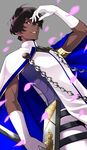  arjuna_(fate/grand_order) armband bangs black_eyes brown_hair cape chain dark_skin dark_skinned_male dutch_angle fate/grand_order fate_(series) gloves grey_background hair_between_eyes highres holding holding_weapon jacket looking_at_viewer male_focus natsuko_(bluecandy) parted_lips petals smile solo standing weapon white_gloves 