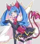  alternate_costume black_skirt blue_angel blue_eyes blue_hair blush bow cat_tail cosplay earrings elbow_gloves facial_tattoo fang gloves heart heart_earrings jewelry kaya_rio looking_at_viewer open_mouth skirt sleeveless smile solo tail tail_bow tattoo trickstar_catbat trickstar_catbat_(cosplay) twintails yuu-gi-ou yuu-gi-ou_vrains zaizen_aoi 