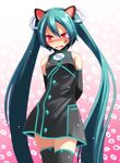  absurdres animal_ears aqua_hair bad_id bad_pixiv_id black_legwear blush boots cat_ears cowboy_shot cuffs detached_sleeves hair_ornament hatsune_miku highres long_hair project_diva_(series) project_diva_f red_eyes sadistic_music_factory_(vocaloid) sleeveless solo tears thigh_boots thighhighs tsukishiro_saika twintails very_long_hair vocaloid 