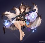  absurdres animal_ears bangs bare_legs barefoot blue_fire brown_eyes brown_hair chinese_clothes closed_mouth detached_sleeves fire fox_ears fox_tail full_body girls_frontline gun highres holding holding_gun holding_weapon jewelry kitsune legs_together light_smile magpul multiple_tails obi revision sash sidelocks skull sleeveless smile solo submachine_gun tail tsurime type_79_(girls_frontline) type_79_smg vectorek vertical_foregrip weapon 