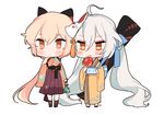  ahoge bangs black_bow blush bow brown_eyes brown_hair brown_kimono brown_skirt candy_apple chibi eating food fox_mask girls_frontline hair_between_eyes hair_bow hakama highres holding holding_food japanese_clothes jitome kimono licking long_hair mask multiple_girls obi ots-14_(girls_frontline) pkp_(girls_frontline) pleated_skirt ponytail sash shan sidelocks silver_hair simple_background skirt standing tongue tongue_out twintails white_background yellow_eyes 
