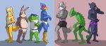  2016 amphibian anthro athletic avian barefoot baseball_cap boxers_(clothing) briefs buckteeth canine chameleon clothed clothing crossed_arms digital_drawing_(artwork) digital_media_(artwork) dog_tags eye_patch eyewear falco_lombardi feline flower fox fox_mccloud front_view group hat headgear hi_res holding_object lagomorph leon_powalski lineup lizard male mammal naughty_face nintendo panther_caroso pantherine peppy_hare pinup plant plantigrade pose rabbit reptile scalie scar slightly_chubby slippy_toad smoking standing star_fox teeth thegreatmatsutzu tighty_whities toad topless underwear video_games wolf wolf_o&#039;donnell 