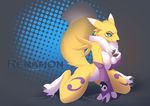  2017 anthro areola arm_support armwear blue_eyes breasts bridal_gauntlets chest_tuft clothing digimon english_text female hand_on_breast kneeling kyander looking_at_viewer nipples nude raised_tail renamon smile solo text tuft 