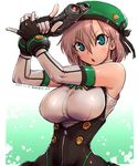  amania_orz beret breasts brown_hair character_request commentary_request copyright_request elbow_gloves fingerless_gloves gloves green_eyes hat large_breasts looking_at_viewer open_mouth short_hair sleeveless solo underbust 
